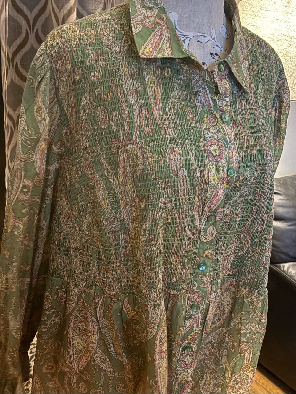 Cato Green Paisley Button-Up Shirt with Pink & Yellow Accents